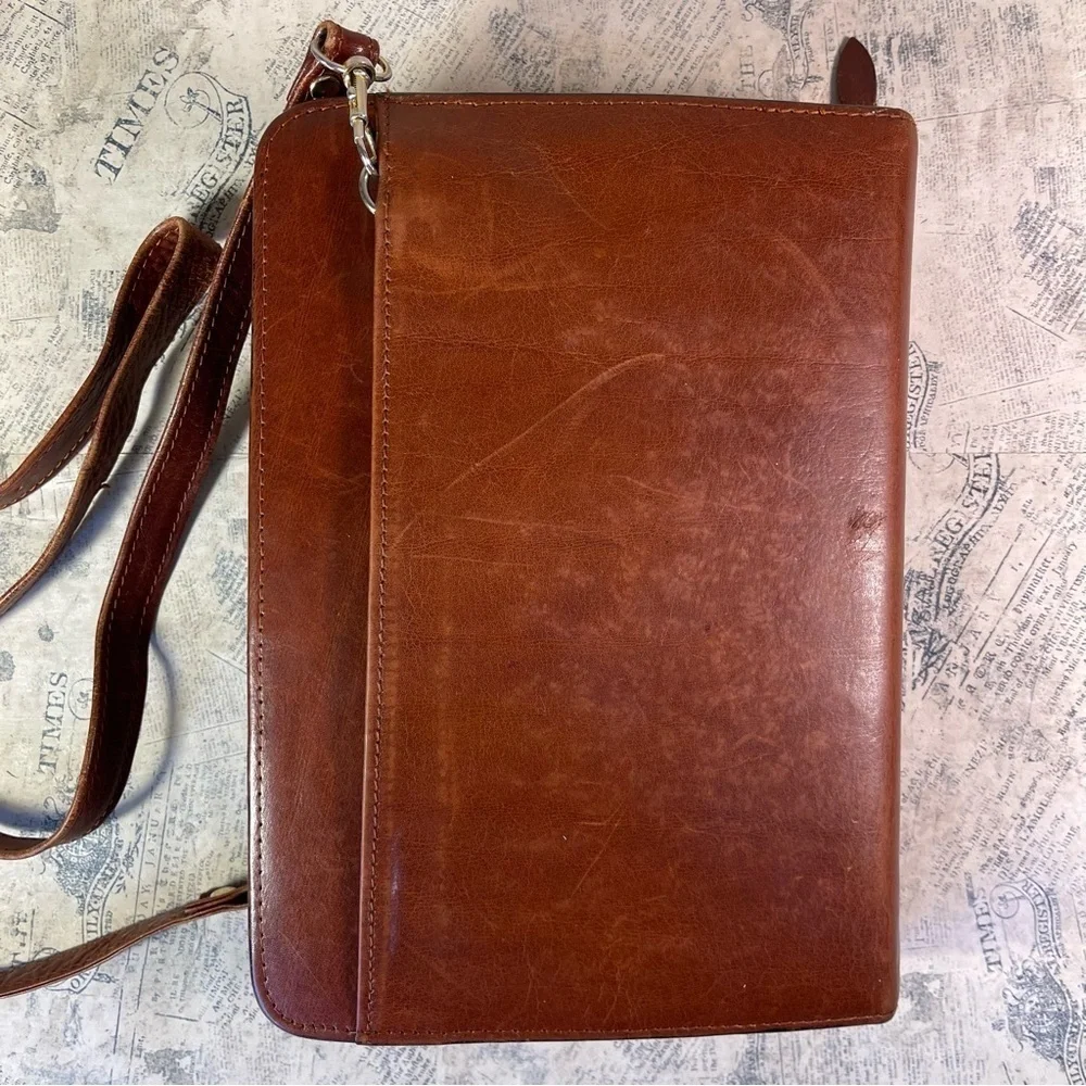 Scully Vintage Brown Leather Crossbody 3 Rings Binder/Planner